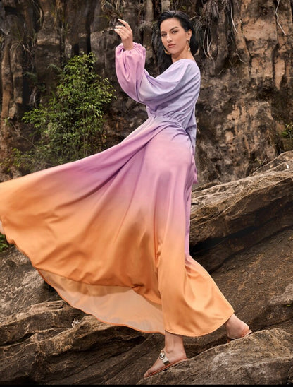 Women Ombre Long Maxi Drawstring Dress
