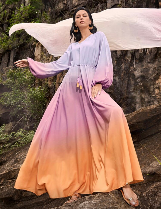 Women Ombre Long Maxi Drawstring Dress